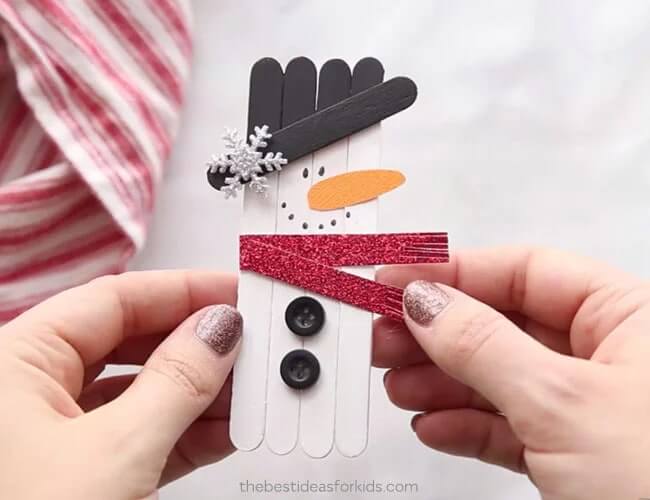 Easy Snowman Ornament Craft With Popsicle Sticks, Buttons & Mini Snowflake Easy Crafts With button &amp; popsicle Sticks