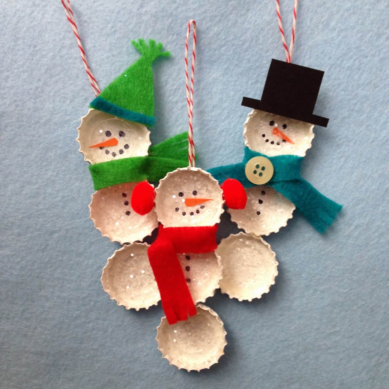 Easy-To-Make Bottle Cap Snowman Ornament Craft Idea For Kids