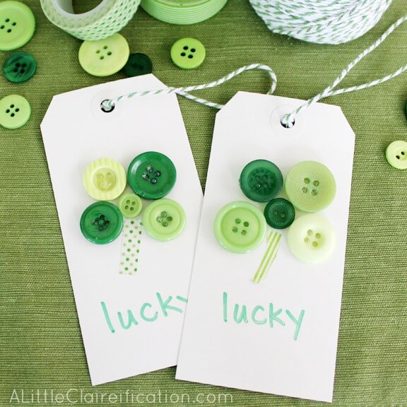 Easy to Make Gift Tags Idea For St. Patrick's Day With ButtonsButton Craft For St Patricks Day