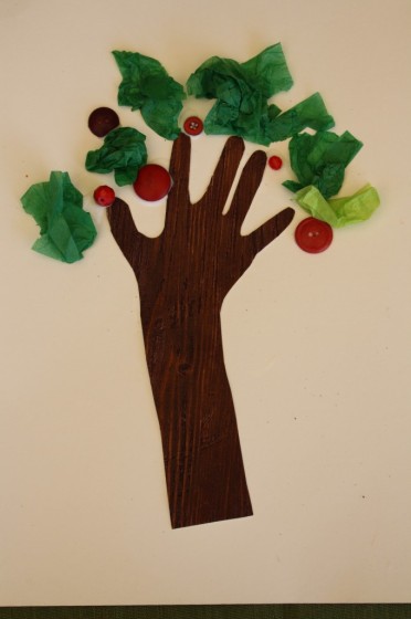 Easy To Make Handprint Apple Tree With Tissue Paper & Buttons Fingerprint &amp; Handprint button craft idea for kids