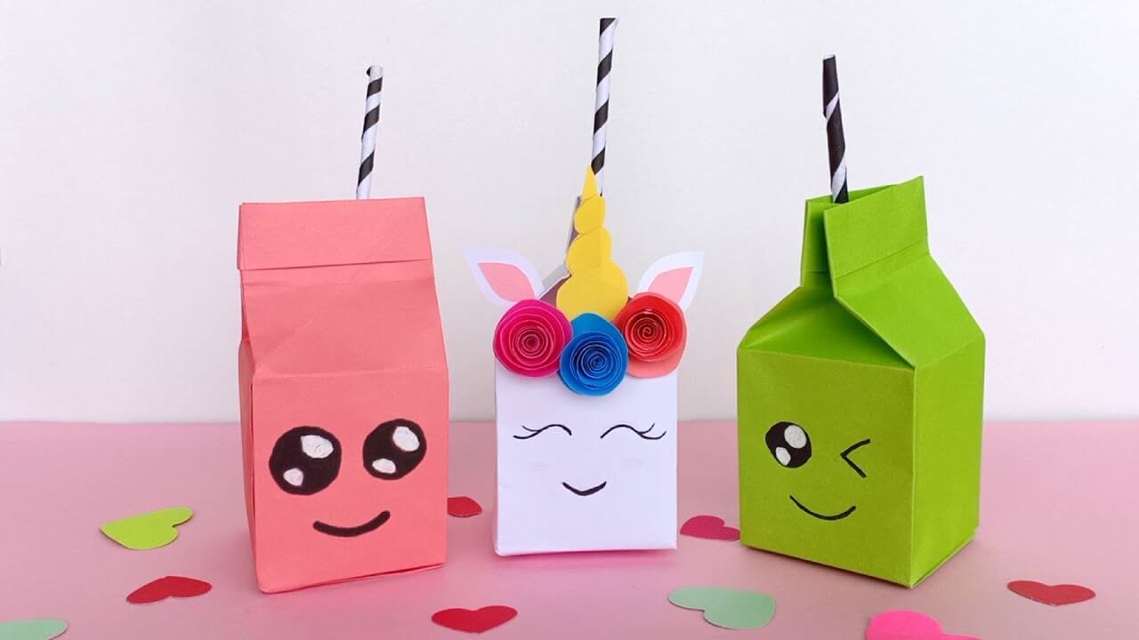 Easy-To-Make Unicorn-Shaped Origami Milk Box Craft Milk Carton Animal Crafts 