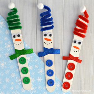 Fun Craft Stick Snowman Craft Using Buttons, Pipe Cleaners & Ribbon