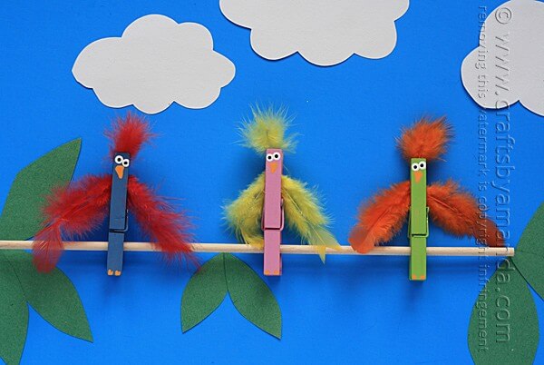 Funny Feathers And Clothespin Birds Craft For Kids