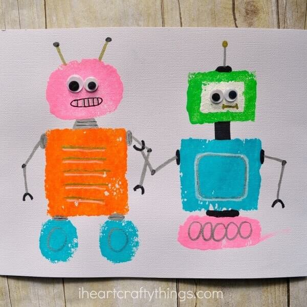 Funny Robots Sponge Painting Craft For Kids