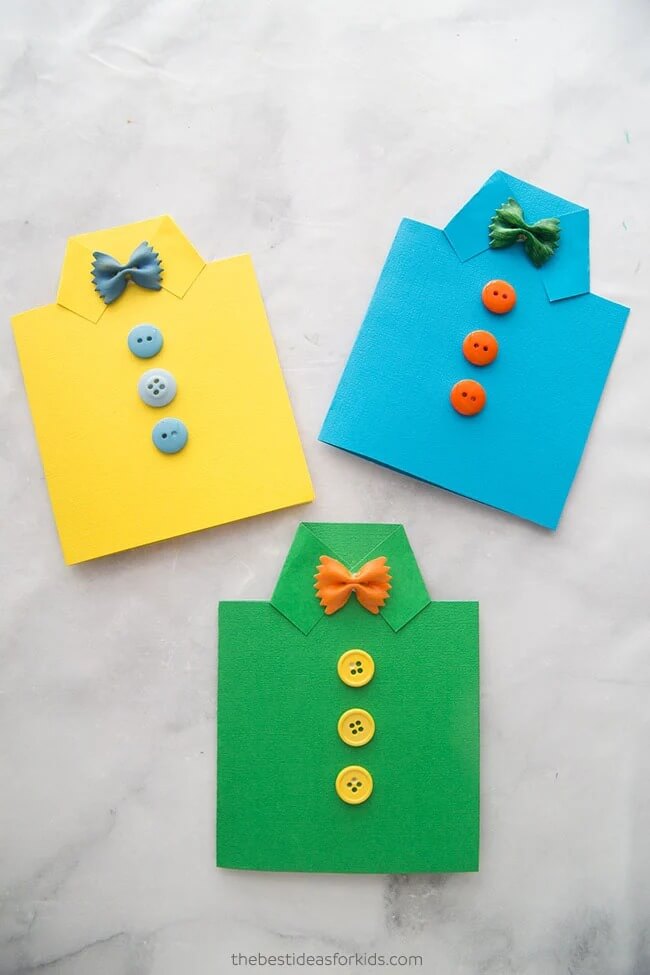 Handmade Father’s Day Shirt Card With Bow Tie Noodles & Buttons Father's Day Button Craft Idea For Kids