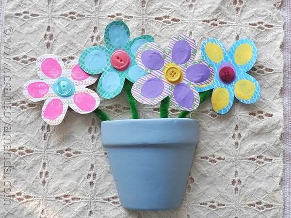 Handmade Fingerprint Flower Bouquet Craft Using Paper Cup, Pipe Cleaners & Buttons