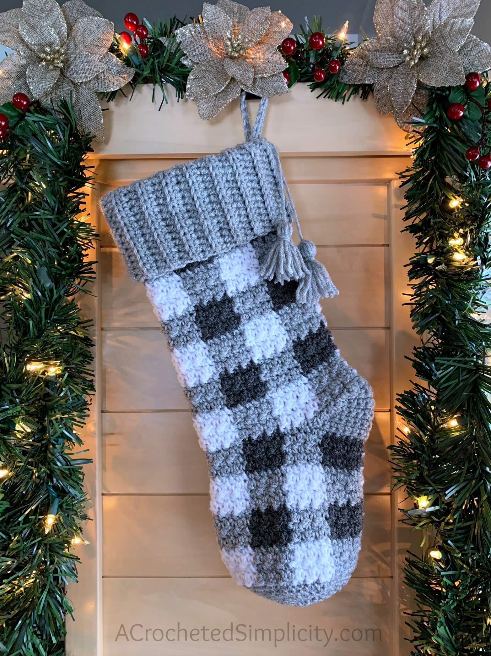 Homemade Check Pattern Grey Stockings For DecorationCrochet Christmas Stocking Patterns
