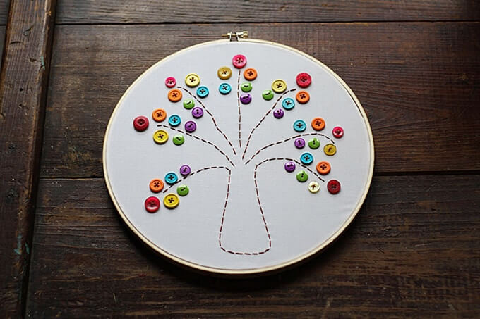 Easy Embroidery Floss And Button Tree Craft Easy Crafts With Embroidery Floss