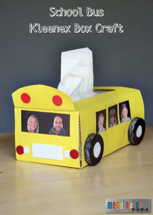 DIY School Bus Craft Idea With Kleenex Box, Plastic Lids & Construction Paper