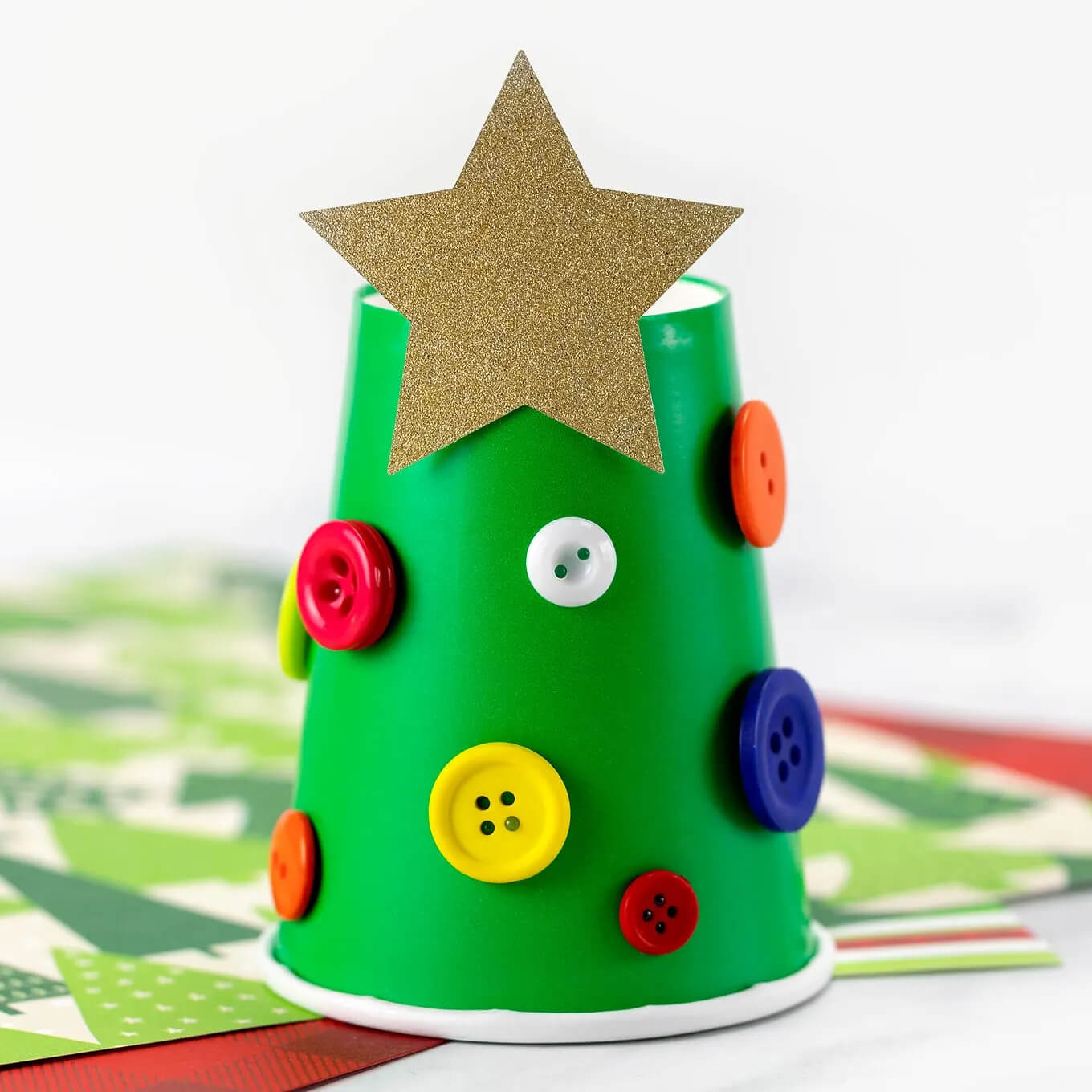 DIY Christmas Tree Decoration Craft With Paper Cup & Buttons For Toddlers