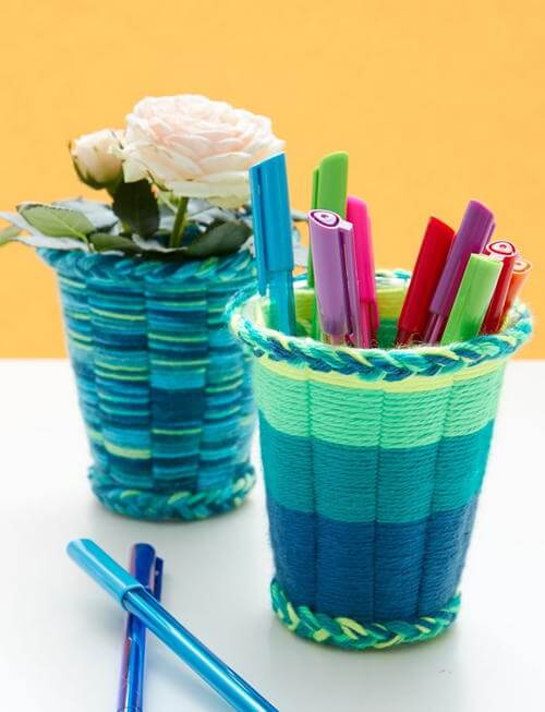 Lovely Hand Woven Yarn And Disposal Cup Blue Pen Holder Craft For KidsYarn And Paper Cup Craft