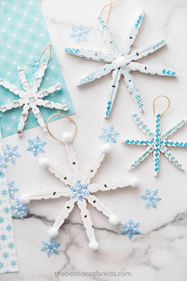 Lovely White Clothespin Snowflake With Blue Beads Craft For Winters Clothespin snowflake ideas