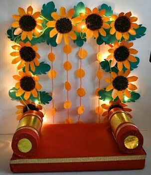 Lovely Yellow Sunflower Paper Cup Ganpati Background Decoration DIY Idea