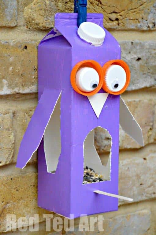 Owl Shaped Bird Feeder Crafting Idea Using Milk Carton