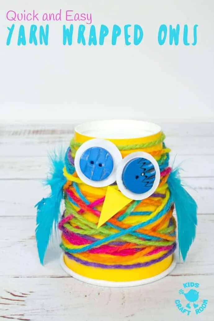 Pretty Colourful Yarn & Disposal Cup Owl Craft For ToddlersYarn And Paper Cup Craft