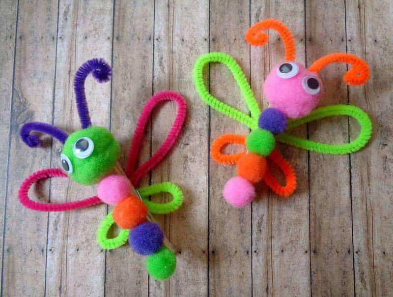 Rainbow Colour Pom-Pom And Clothespin Butterfly Craft For Toddlers Clothespin Butterfly Crafts