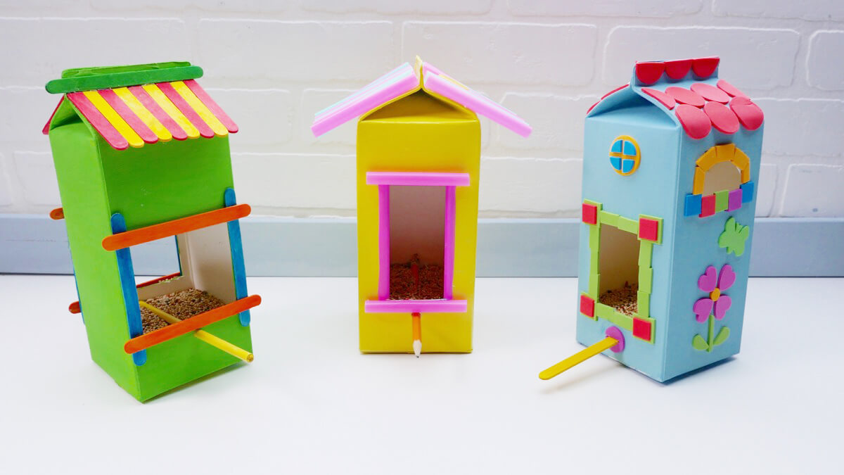 Recycled Milk Carton Bird Feeder Craft For Preschoolers