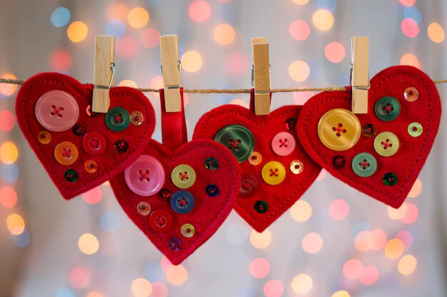 Red Felt Hearts Crafts Decorated With Beads & Buttons For Valentine's DayFelt Button Crafts
