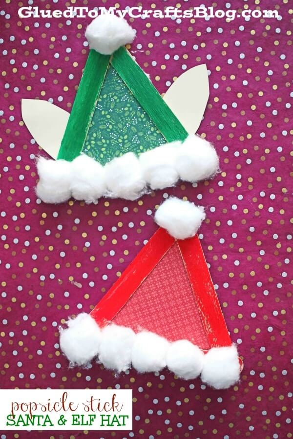 Santa & Elf Hats Craft Idea Using Popsicle Sticks & Cotton Balls Easy Elf Crafts For Kids