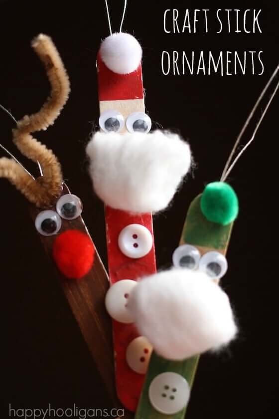 Santa, Elf, and Reindeer Christmas Ornaments With Craft Sticks, Buttons & Pom Pom Easy Crafts With button &amp; popsicle Sticks
