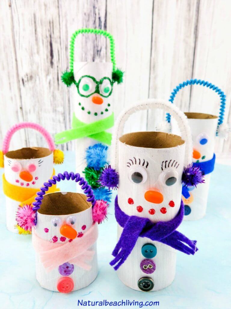 Snowman Family Craft Using Toilet Paper Rolls, Pipe Cleaners, Pom Pom & Buttons