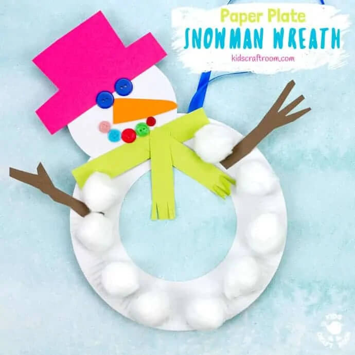 Snowman Wreath Craft Using Paper Plate, Buttons, Cotton Balls & Cardstock