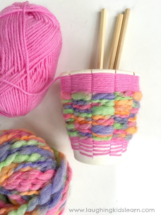 Thin And Thick Pink Yarn Paper Cup Weaving Pattern Craft For Kids