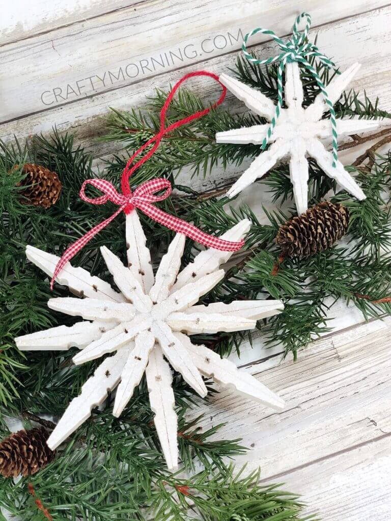 White Glittery Snowflake Ornamental Craft For Kids Clothespin snowflake ideas