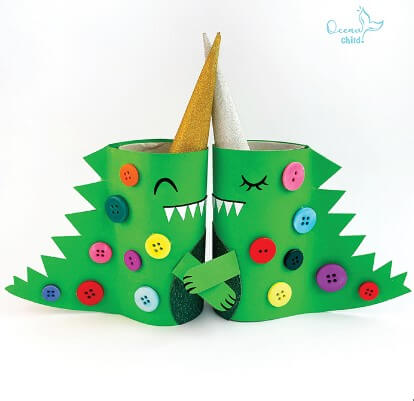 Creative & Cute Toilet Paper Roll Dinosaur Craft Using Glitter Paper, Button Fun To Make Dinosaur Toilet Roll Paper Crafts