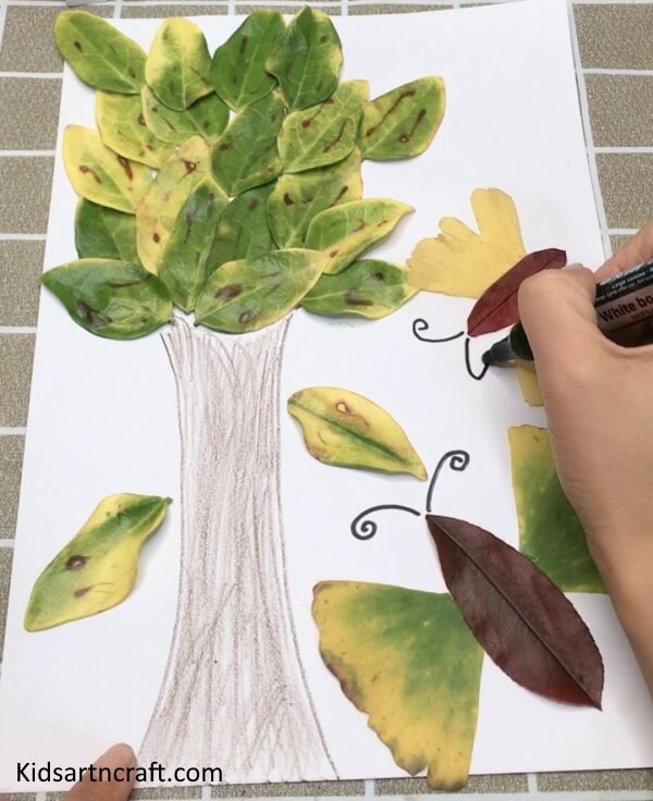 Creative Idea To Create Cute Butterfly & Tree Craft For Kids Using Marker Easy Tree & Butterfly Art Using Leaves - Step by Step Tutorial