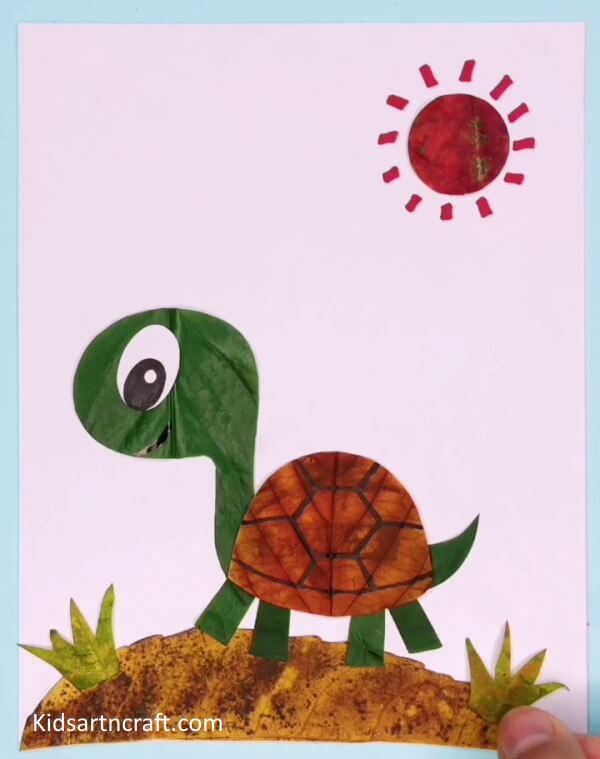 Handmade & Recycled Turtle Craft With Sun Using Leaves & Paper