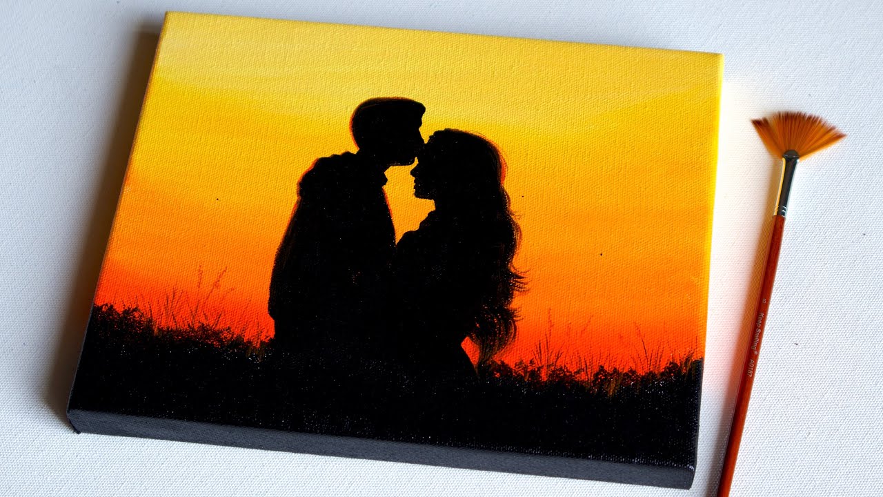 Adorable Couple Acrylic Silhouette Theme Painting For Wallpaper