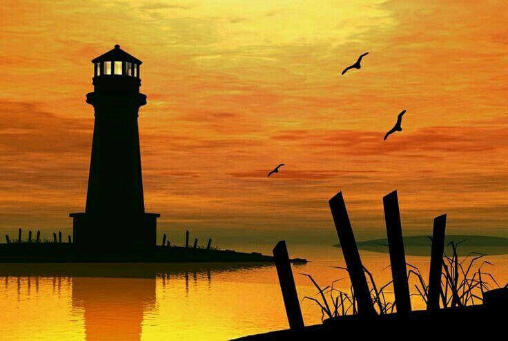 Amazing Lighthouse Painting On Canvas With Refection Silhouette Landscape Paintings