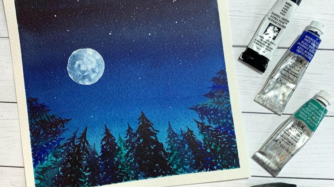 Amazing Watercolor Galaxy Painting Ideas With Forest Night Sky