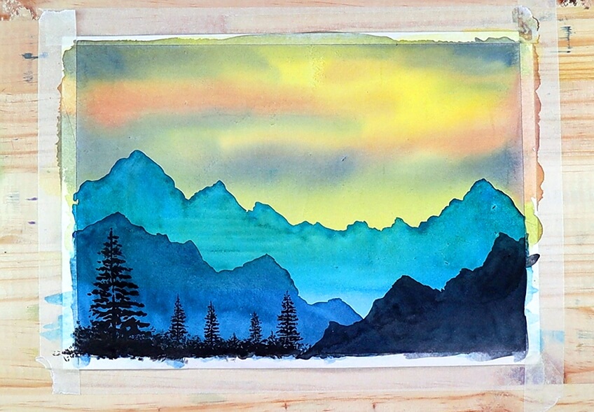 Attractive Mountains Silhouette Painting Tutorial For School Kids