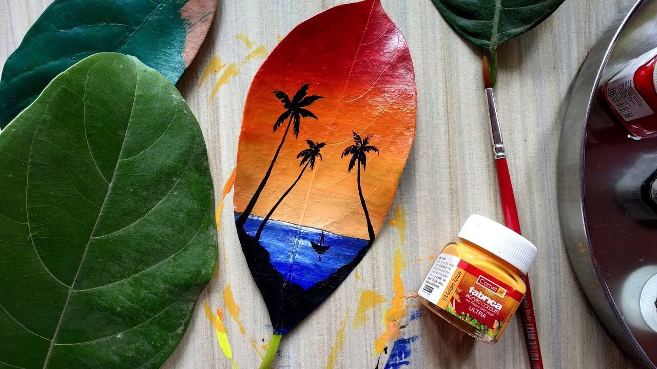 Beautiful Sunset Realistic Leaf Painting & Drawing Idea
