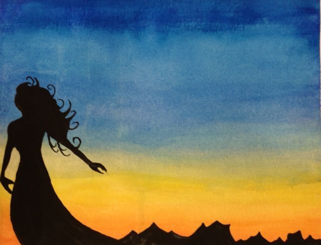 Beautiful Sunset Silhouette And Lady Painting