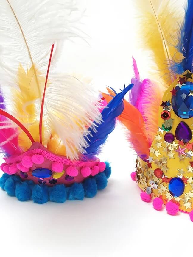Brazilian Carnival Head Piece Craft Idea Using Tissue Paper, Feathers & Pom Pom Brazilian Carnival DIY Costumes for Kids