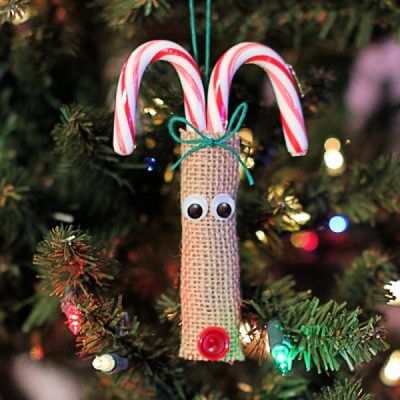 Candy Cane Reindeer Ornament Art & Craft Idea With Burlap For Christmas