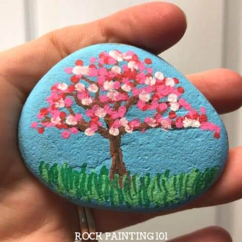 Creative Idea For Apple Blossom Trees With Dot Painting on RocksEasy Flower Painted Rock Ideas For Kids