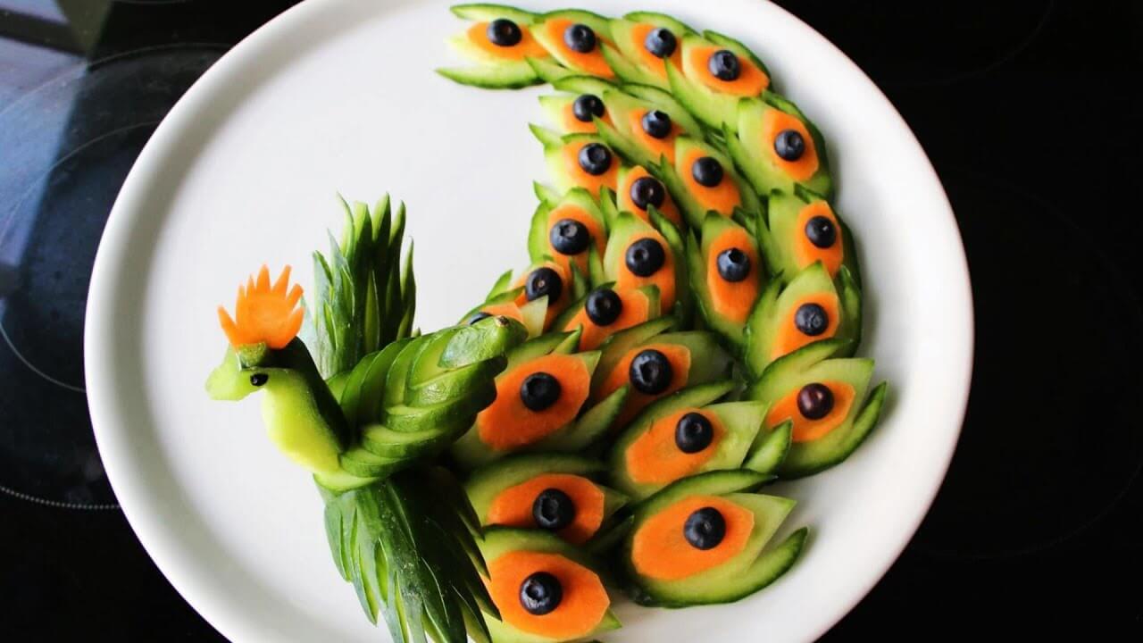 Cute Vegetable Carving Garnish Decoration Idea With Cucumber, Carrot & OlivesVegetable decoration ideas