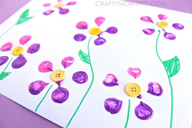 DIY Bottle Stamp Flower Painting With Button Craft