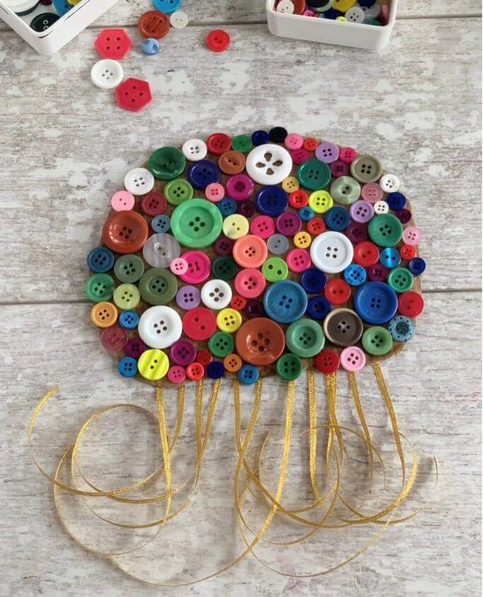 DIY Button Jellyfish Art Idea Using Cardboard, Ribbons & Colorful ButtonsButton Canvas Art and Craft For Kids