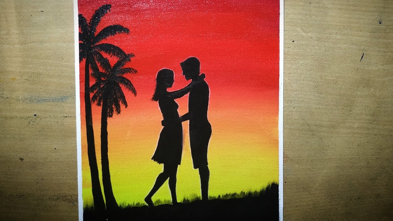DIY Easy Sunset Couple Painting On A Canvas Silhouette Couple paintings
