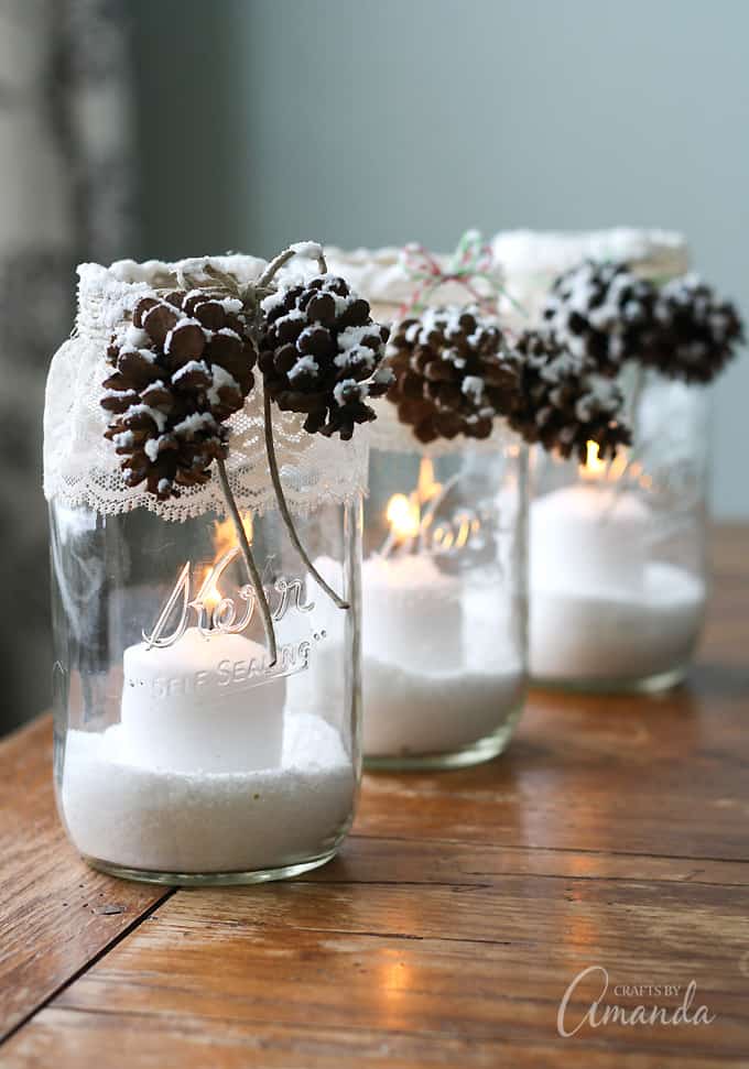 DIY Snowy Pinecones Candle Craft For Kids To Make Glass Jar Decoration Ideas with Candles - Easy DIYs