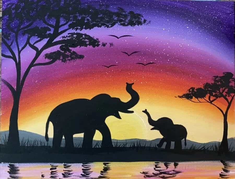 Enchanting African Sunset Scenery Painting Using Acrylic Paints Easy Spray Painting Art Ideas With Toothbrush