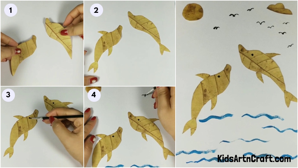 Fall Leaves Dolphins in Sea Art For Kids - Step By Step Tutorial