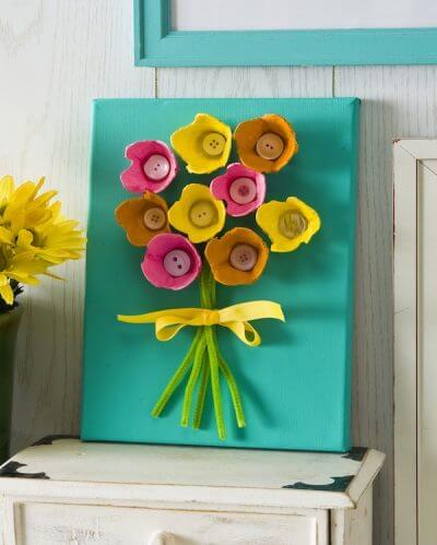 Flower Bouquet Craft Project With Egg Cartons & Buttons On Canvas