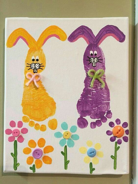 Footprint & Flower Easter Art & Craft Idea On Canvas Using ButtonsButton Canvas Art and Craft For Kids