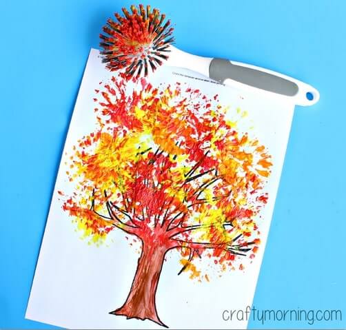 Fun & Easy Dish Brush Autumn Tree Painting  Craft Ideas for Kids